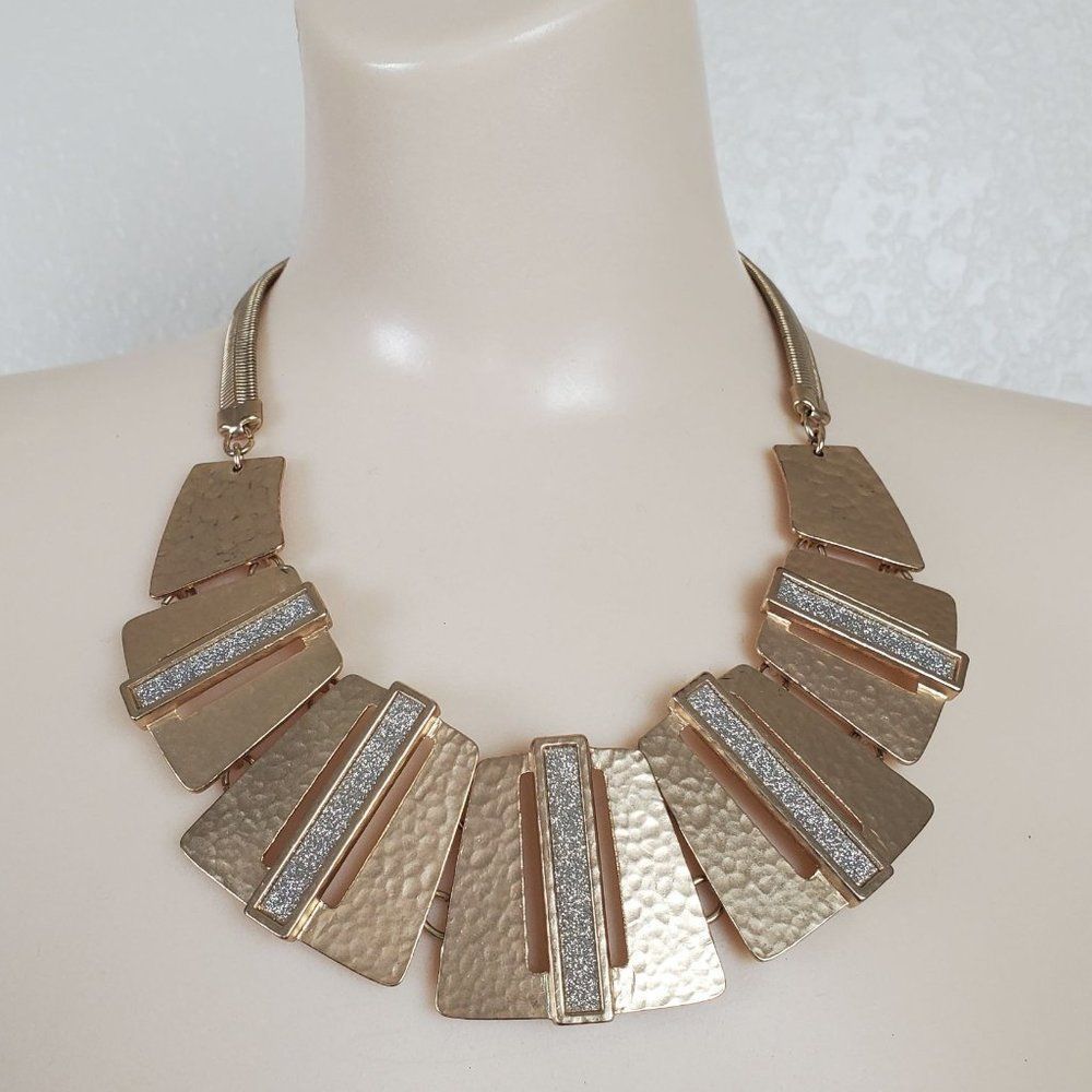 Chico's Gold Hammered Statement Necklace with Silver Glitter Accents